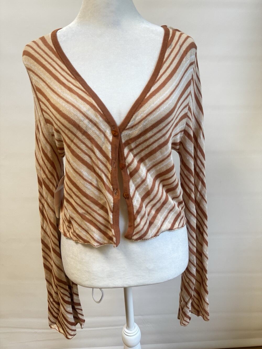 Lush Striped Knit Crop Cardigan Rust Beige Bell Sleeve Size M NWT